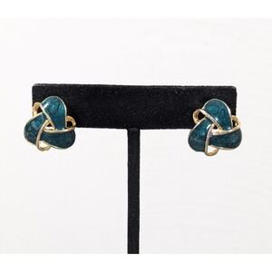 Vintage Green Swirl Enamel Knot Gold Tone Clip On Earrings Classic Elegant